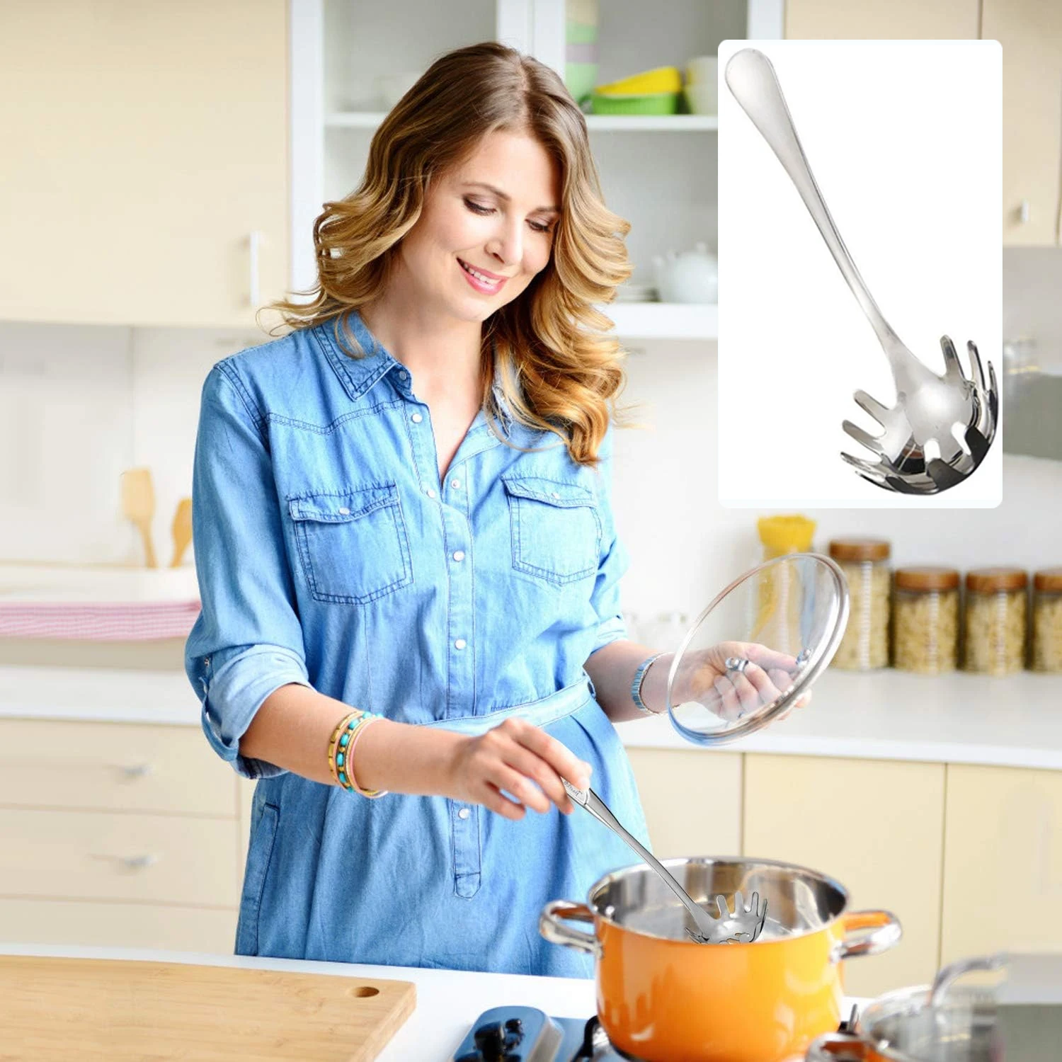 Servidor de Pasta de cocina con dientes, acero inoxidable, garra de espagueti ranurada para servir y colar fideos, cuchara