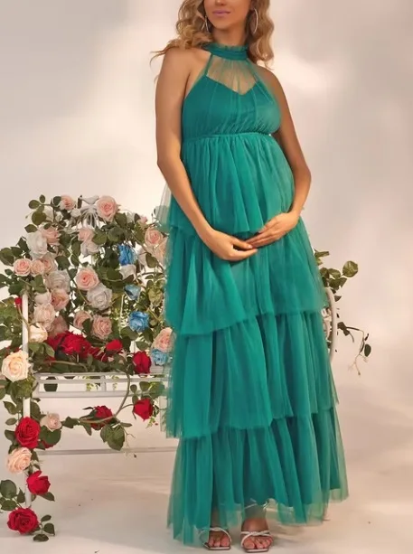 Элегантное вечернее платье, однотонное сетчатое каскадное платье с рюшами для беременных, с круглым вырезом, без рукавов, реквизит для фотосессии, платье для беременных