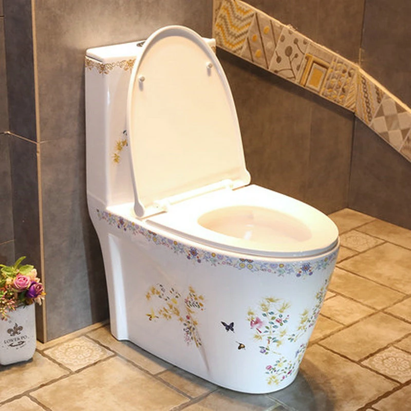 

Artistic Patterned White One Piece Closestool Siphon Jet Fluishing S-Trap Floor Mounted Luxious Villa Bathroom Seat Toilet