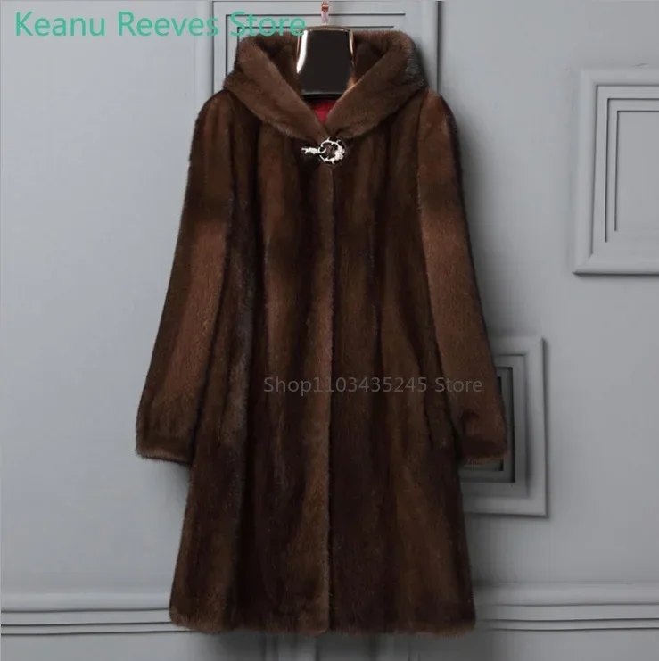 Women's Mink Fur Coat 6XL Thicken Parkas Middle-aged Mother Winter Hooded Mink Overcoat Fashion Warm Long Faux Fur Coats Female