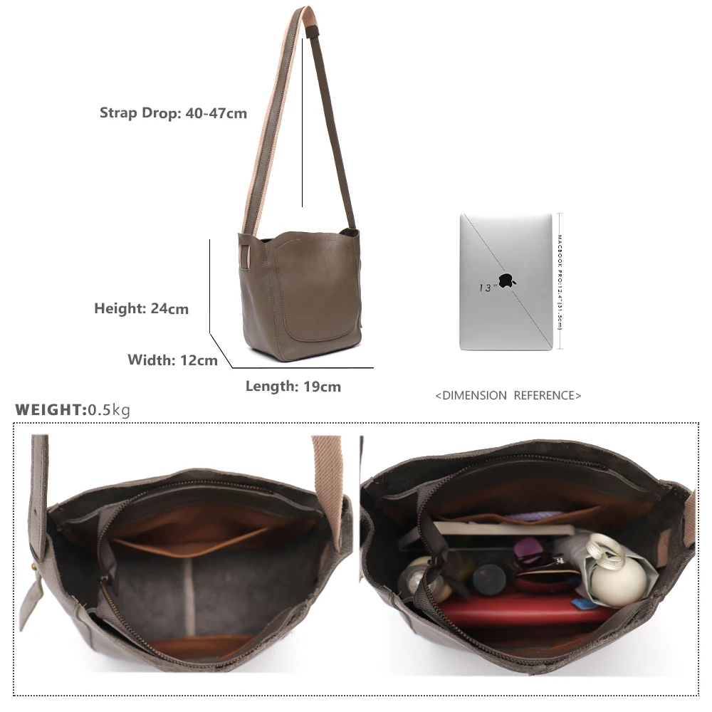 SC Vintage Genuine Leather Women Casual Bucket Crossbody Wide Strap Bags Front Multi Functional Pockets Ladies Handbag Purse