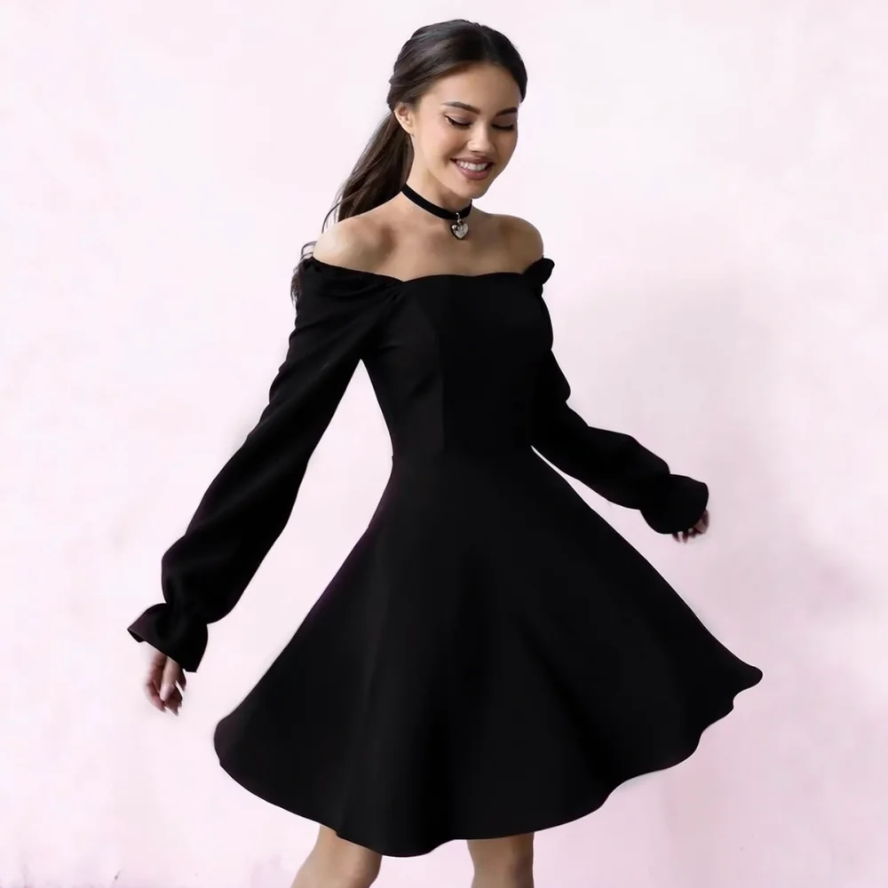 Fashion Square Neck Puff Sleeve Dress Women High Waist Slim Fit A Line Solid Color Elegant Casual Summer Party Evening