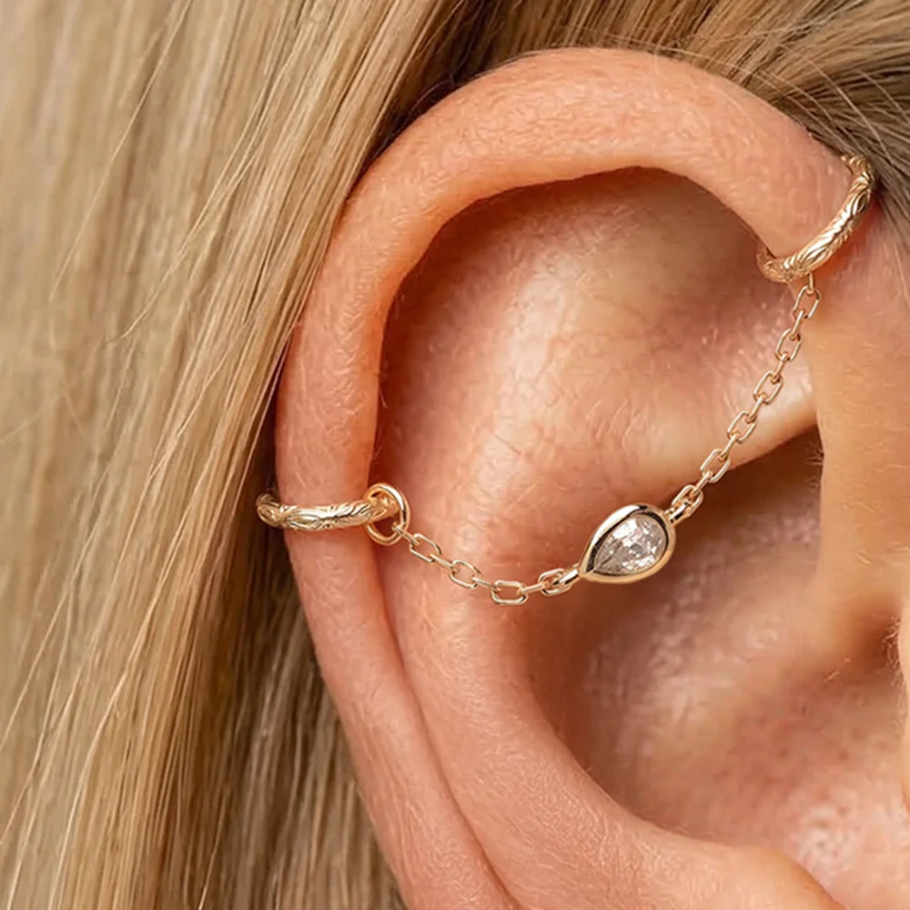 AIDE 14K Solid Gold Classic Round Chain Tassel Women's Cartilage Helix Pattern Circle Piercing Accessorie Wedding Bridal Jewelry