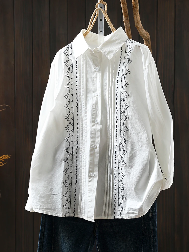 

Women Long Sleeve Cotton Shirt New Arrival 2025 Autumn Simple Style Vintage Embroidery Female White Tops Shirts M1893