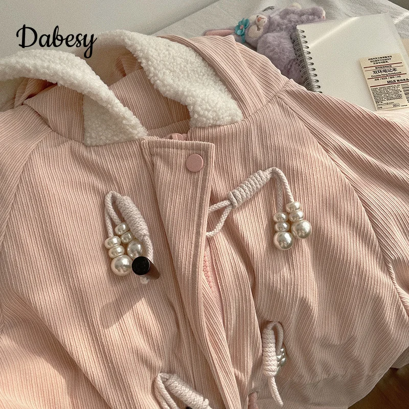 Japanese Harajuku Kawaii Pink Rabbit Corduroy Hooded Parkas Women Casual Loose Warm Fleece Jacket Winter Padded Overcoat Female