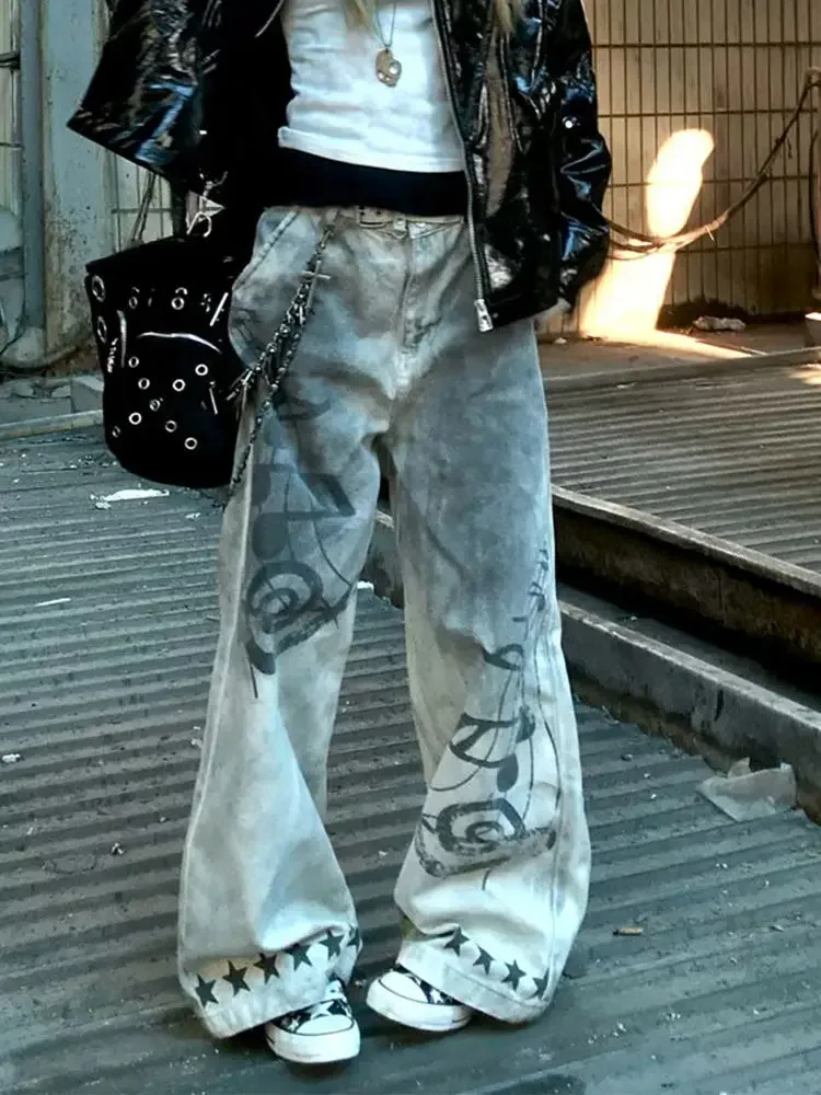 Femmes laver sale teint Vintage jean américain rétro Graffiti Notes de musique imprimé Denim pantalon Streetwear poubelle pantalon