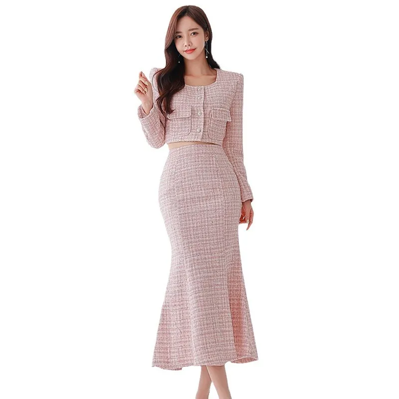 Women's autumn/winter tweed short jacket+fishtail skirt 2 pcs set 2025 new small fragrant fashion set