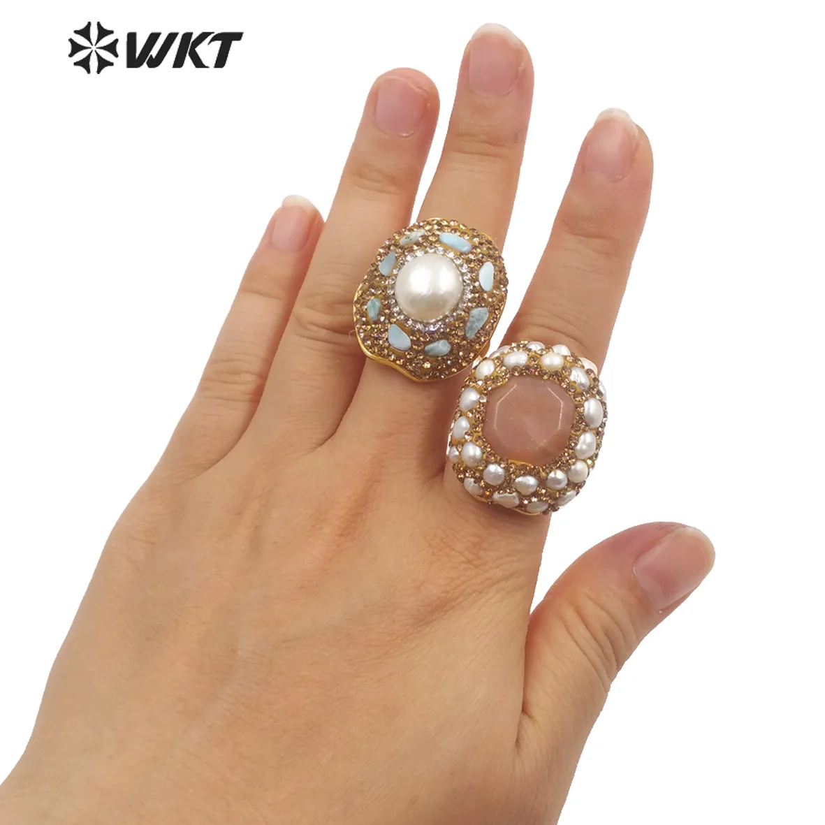 WT-R445 بالجملة موضة 18K مطلية بالذهب رائع حجر الراين ديكور الفيروز اللؤلؤ خاتم الحفلات ارتداء اليومي النساء ACC #4