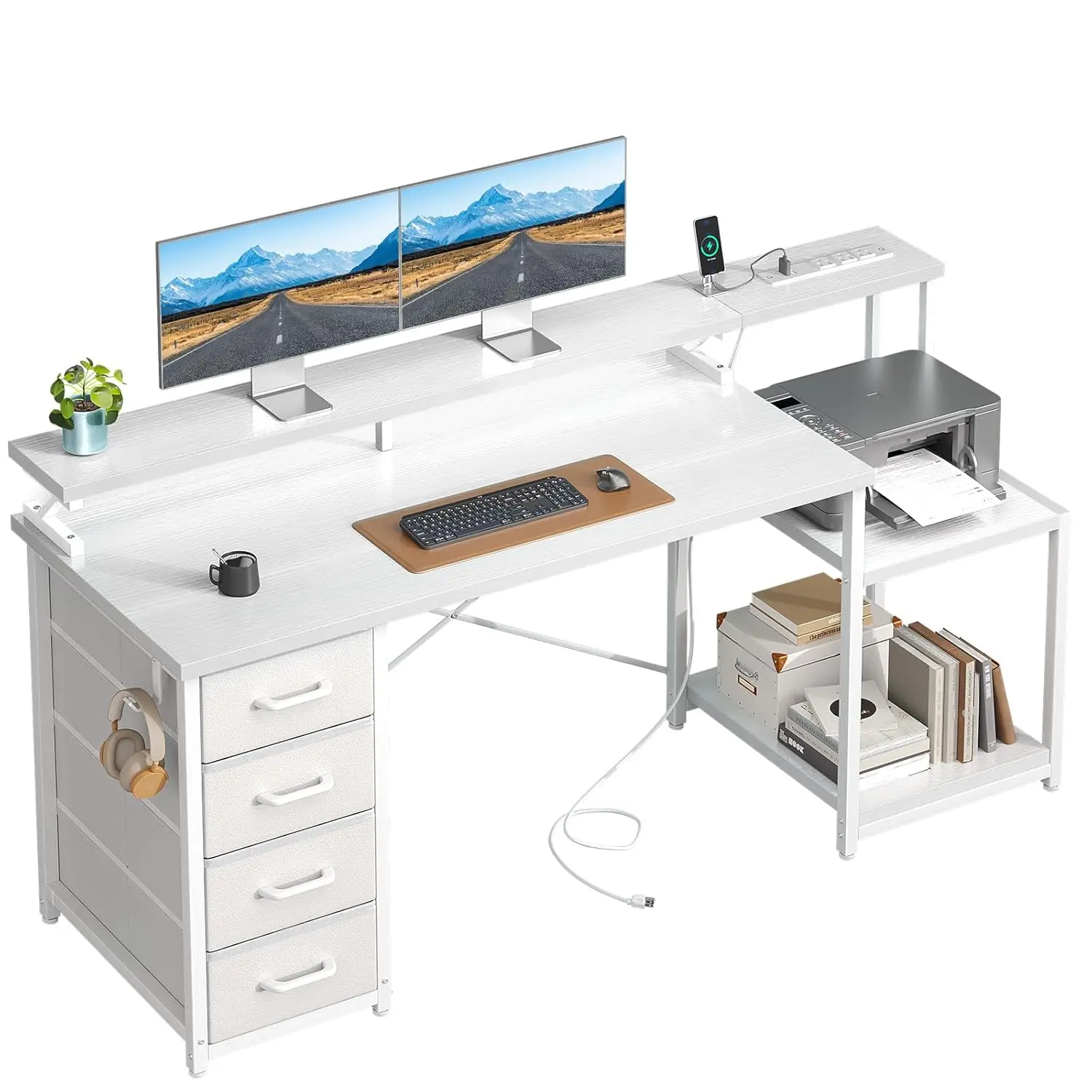 

55in Computer Desk with Drawers,Power Outlets,Printer Shelf&Storage Shelves,Study Table for Home Bedroom Gaming,White,Customized