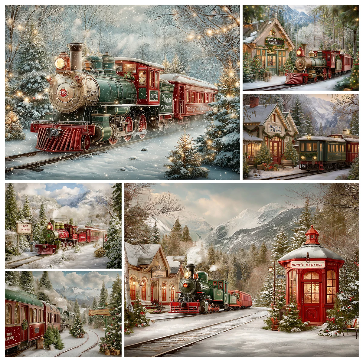 Image of Weihnachtliche Winterszene mit dem magischen Expresszug-Hintergrund, Kinder- und Baby-Kuchensmash-Fotografie-Requisiten, Geburtstagsdekoration für Kinder und Erwachsene