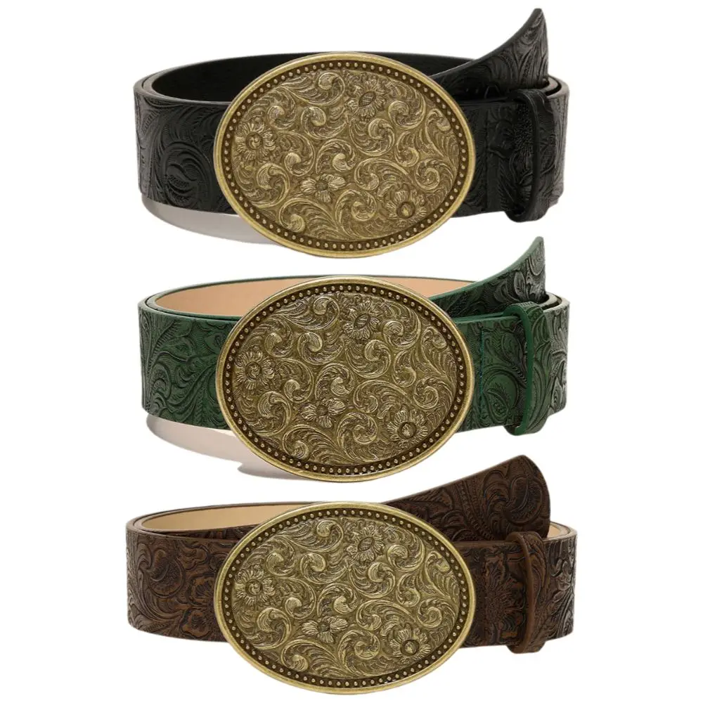 Luxury PU Leather Western Cowboy Belt Vintage Retro Waistband Y2K Punk Rock Carved Buckle Embossed Belt For Man Women