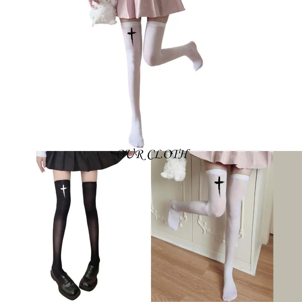 

Women's Japanese Anime Punk Crosses Print Silk Over Knee Thigh High Stockings Y1AC