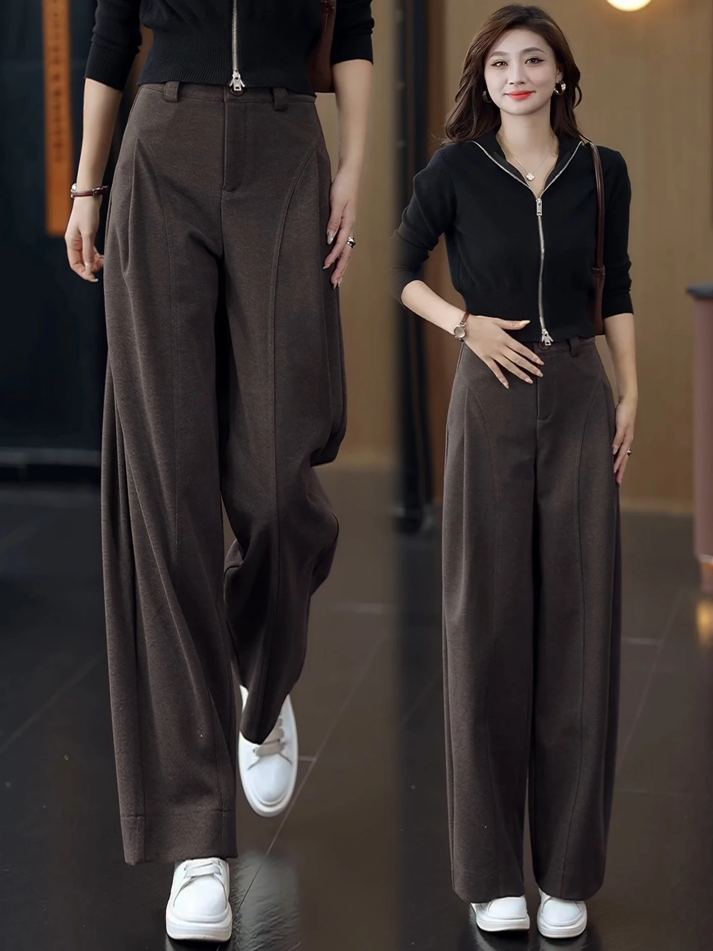 

High Waist Wide Leg Knife Pants Women's Casual Woolen Beige Trousers Autumn Winter New Style Slimming Trendy Casual Pants