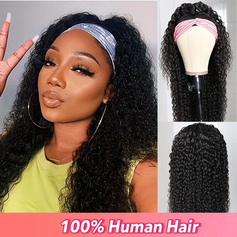 

Парик средней длины с повязкой на голову, 150/180 плотность, кудрявые волосы, парик с повязкой из натуральных волос, полностью машинной работы, 8-24 дюйма, натуральный черный цвет