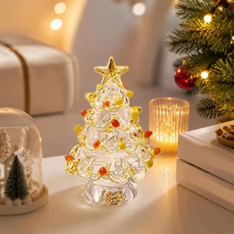 Holiday Tabletop Decoration, Glass Miniature Christmas Tree Figurine with Raised Garland, Yellow Star Toppers and KXRE