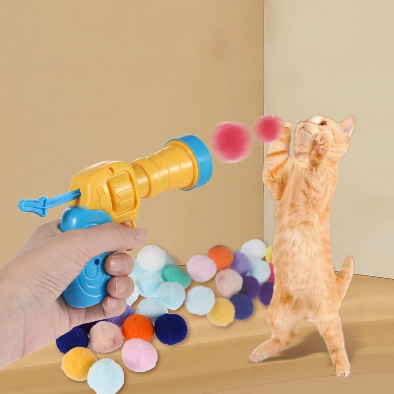 Cat Toy Gun Furry Ball Bullets Pet Product Interactive Kitten Cap Rifle Play Ball Toy for Cat Plastic Gun