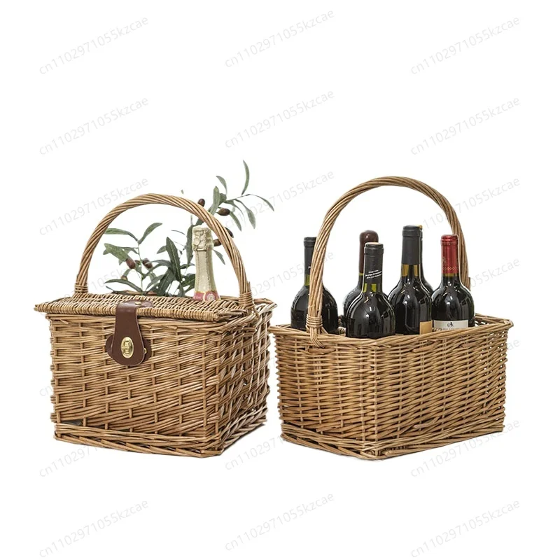 

Camping Portable Wicker Storage Basket Outing Outing Rattan Weaving Food Picnic Basket Red Wine Basket