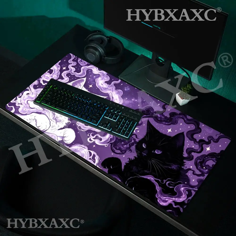 HYBXAXC Yin Yang Cosmic Cats Mouse Pad  Black and White Cat Illustration Mouse Mat Magic Gothic Witchy Tarot Purple