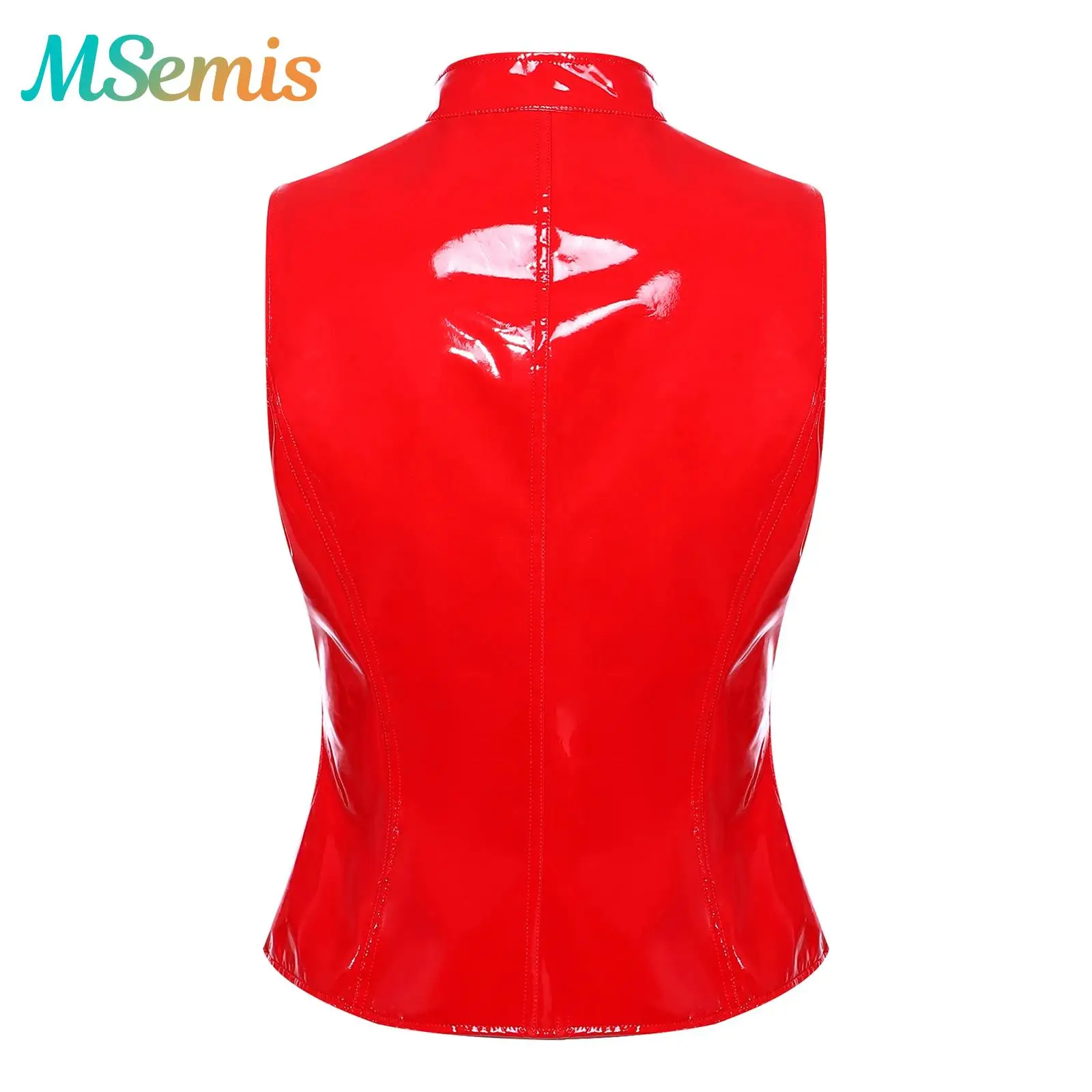 

Womens Glossy PU Leather Corset Vest Top Blouse Gothic Clubwear Sheer Floral Lace at Sides V Neck Button-down Waistcoat Tank Top