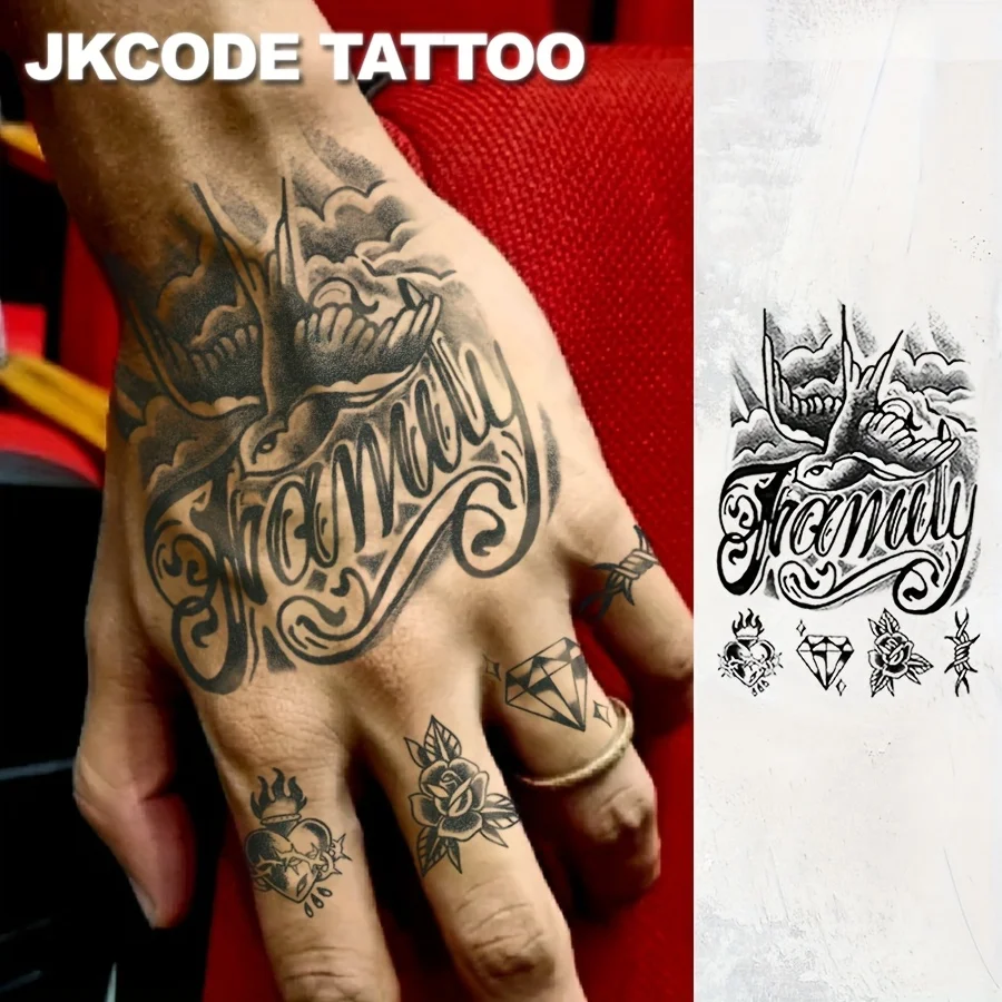 

Waterproof Design Semi-Permanent Tattoos, Retro Graffiti Style Tattoo - "Family & Dream" Rose and White Dove Pattern - Fashionable English Men's Tattoo - Temporary Tattoo on Neck, Hand, Finger, Lasts for 15 Days