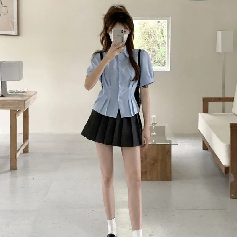 White Blue Short Sleeve Shirts Women Summer New College Style Button Up Slim JK Shirts Korean Turndown Collar Students Blouses