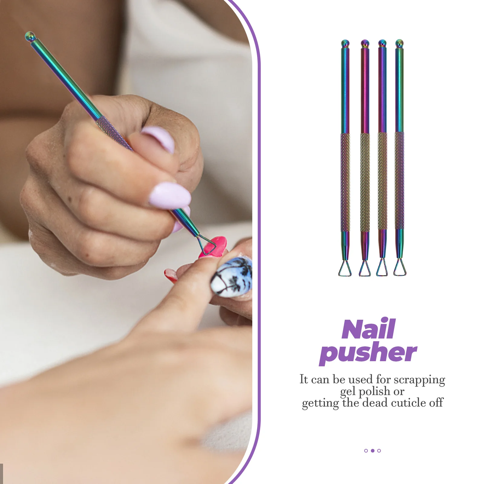 4 ชิ้นเล็บเครื่องมือถอด Remover การออกแบบสามเหลี่ยม Cuticle Peller เจลสแตนเลส Scraper เด็ก Pusher