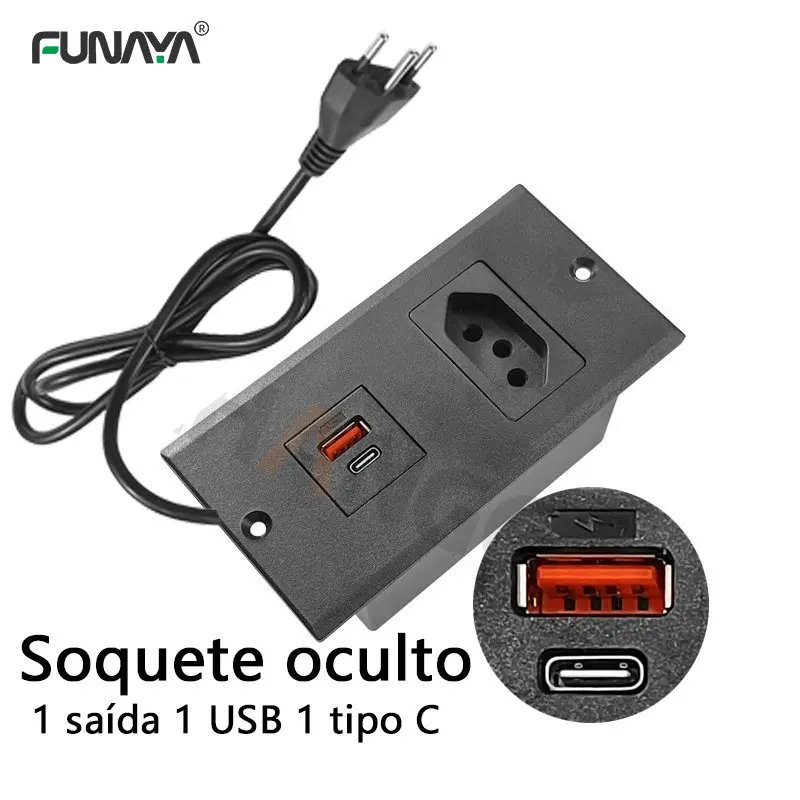 Brazil Table Hidden Sockets 1 Outlets 15A with PD 18W 1 USB 1 TYPE C  AC110~250V Black 2500W Cabinet BR Embed Power Strip Socket