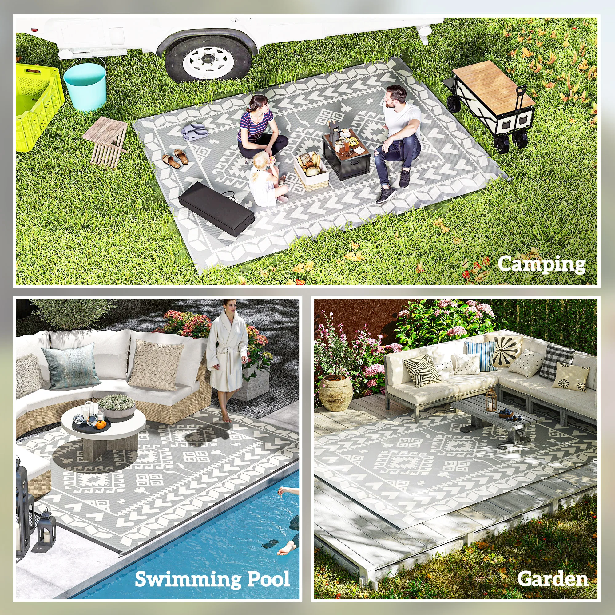 Gray White Rhombus Patchwork Outdoor Rug 9' x 12' Large Floor Mat Non‑Slip Carpet for Patio Garden Home Decor