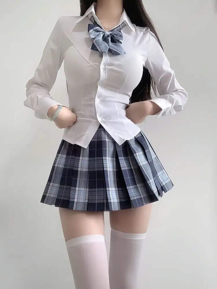 College Style Jk Uniform Shirt And Skirt Set Women's Spring Summer Slimming High Waist Bicolor Plaid  Dress Three Pieces