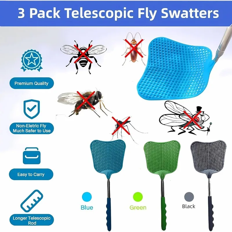 Durable Plastic TelescopicFly Swatter with Stainless Steel Handle Mosquito Trap Pest Control Manual Tools Household KitchenItems