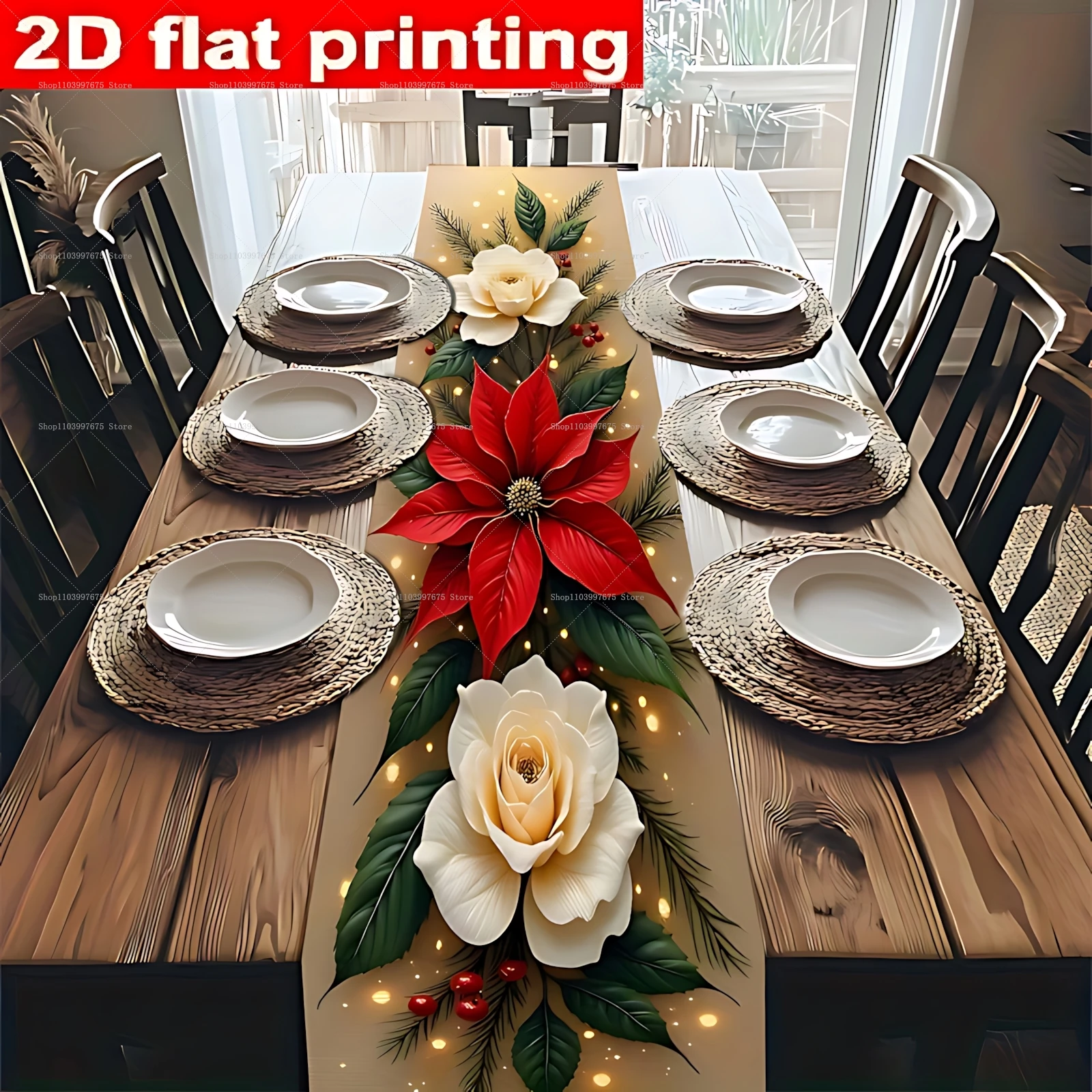 Christmas Decorations Table Runner Poinsettia and Pine Needles Print Polyester Tablecloth Winter Xmas Party Dining Table Decor