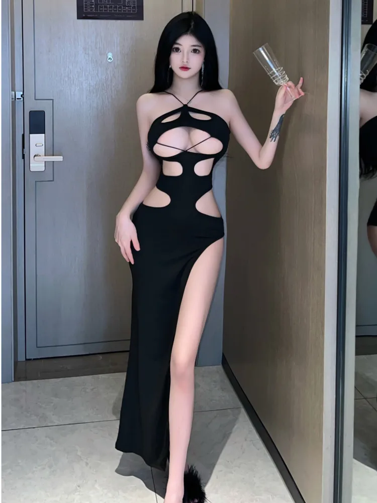 

2023 Summer New Women's Sexy Spicy Girl hollow out Exposing chest Temptation Solid Color sling High Split Wrap Hip Dress 7RIV