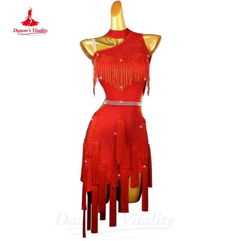 Vestido de baile latino personalizado para adultos y niños, ropa de lujo, diamantes de imitación, borla Sexy, Tango, Chacha, Samba, vestidos de competición