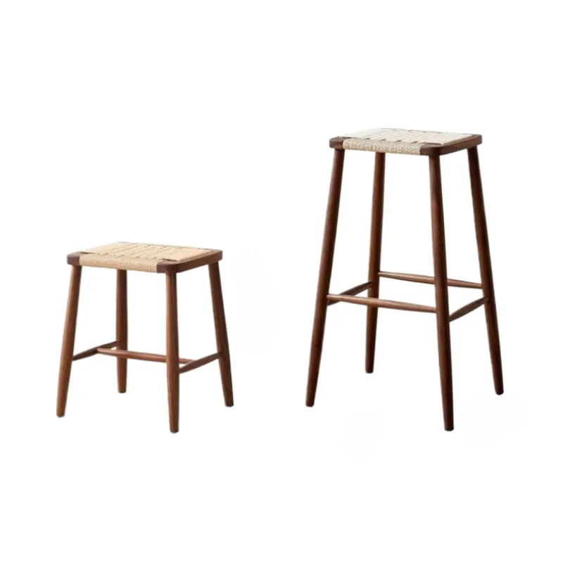 Solid wood cord-woven bar square stool, dressing bench, home bar stool