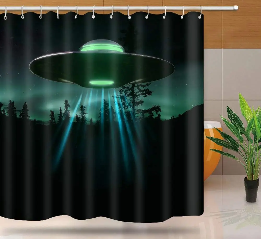 Alien Spaceship Shower Curtain, Fairy Night Sci Fi Theme UFO Shower Curtains Set with 12 Hooks, Durable Washable