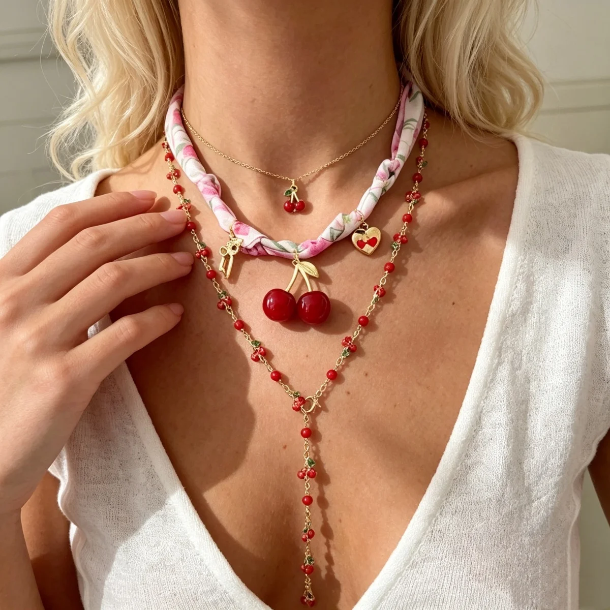 Mehrschichtiger roter Kirschherz-Schal, Y-förmige lange Halskette für Damen und Herren, süße Erdbeerblume, künstliche Perlen-Choker-Schmuckstücke – Detail 8
