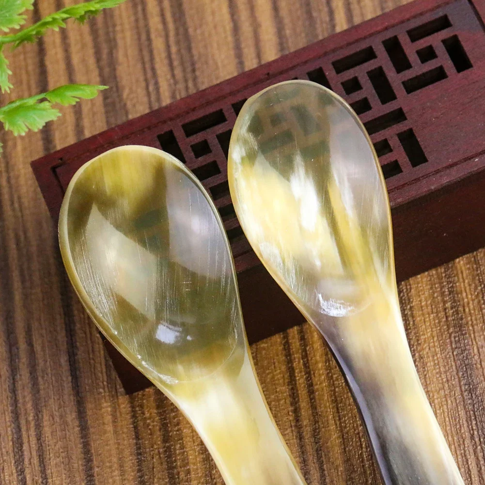 Natural Yak Horn Laser Fish Scale Long Handle Soup Spoon Salt Seasoning Cake Dessert Coffee Stir Specialty Spoon Tableware Craft