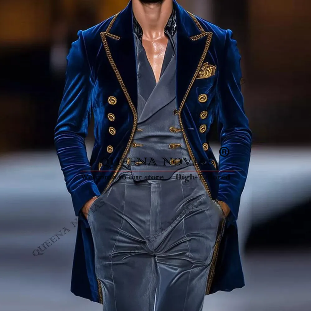 

British Navy Blue Men Suits Long Single Breasted Prom Blazers Customized 3 Pieces Smoking Businss Evening Party Wedding Suit