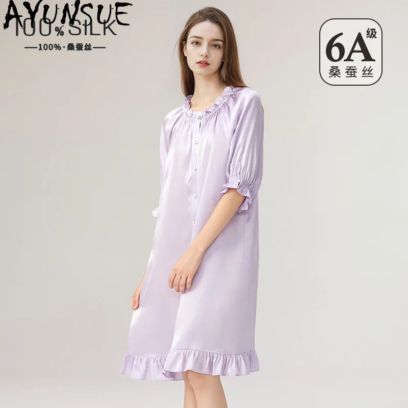 

AYUNSUE 100% шелковые ночные сорочки для женщин, платье принцессы с французскими пышными рукавами, свободные ночные рубашки, пижамы для женщин, высокое качество, 잠옷