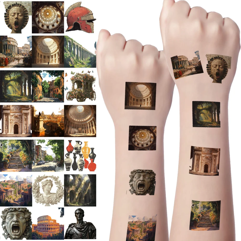 

54 шт., временная татуировка, статуя воина, мультяшная древняя архитектура, свежая еда, временные татуировки, наклейки для девочек-щёк