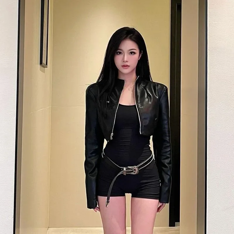 

Ранняя осень, черная кожаная куртка в стиле Харадзюку, уличная одежда, шорты из искусственной кожи с высокой талией 2021, модные комплекты из двух предметов Y2k Femme