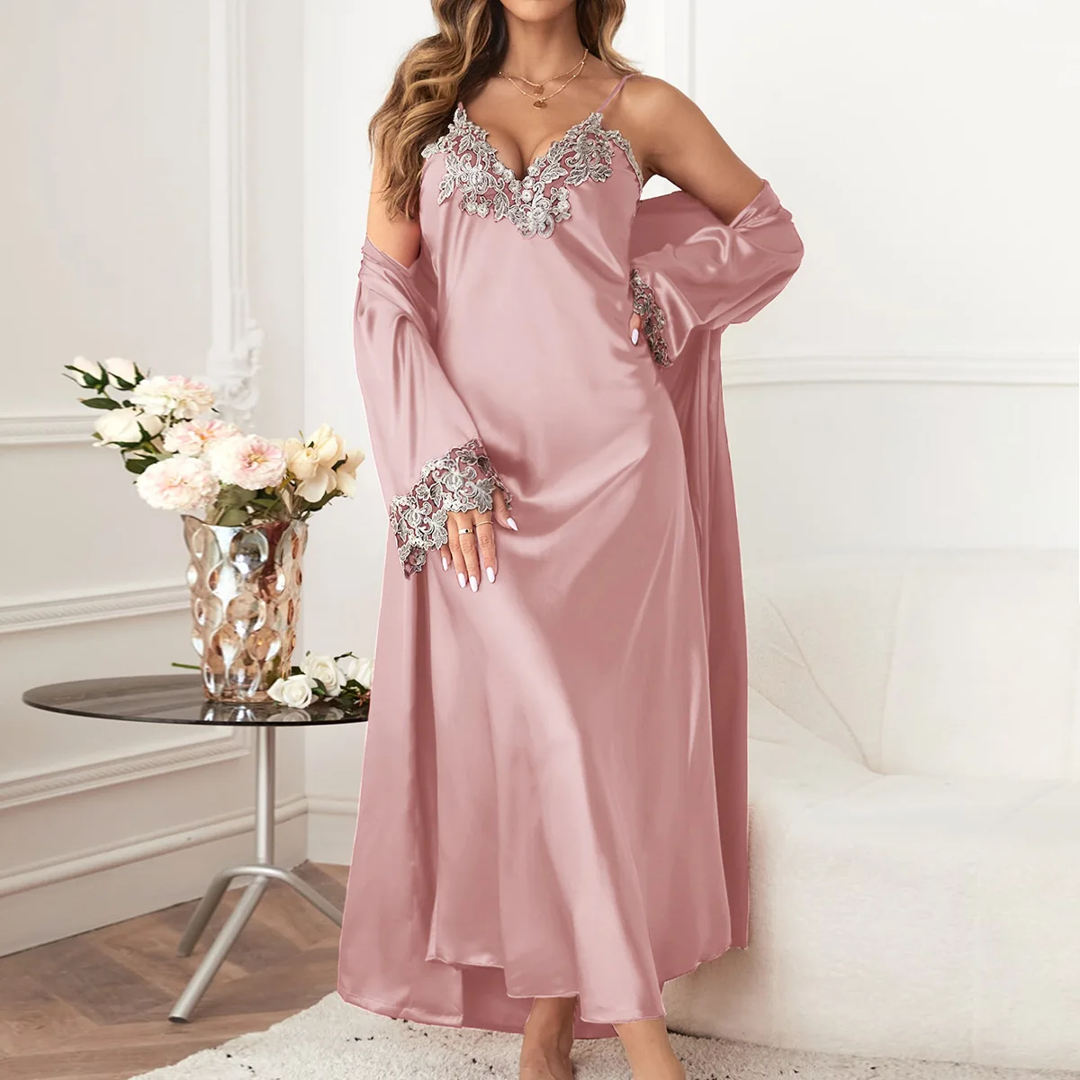 

Sexy Lace Applique Solid Color Satin Long Style Bathrobe Nightdress 2Pcs Sleepwear Casual Homewear Nightwear Kimono Bath Gown