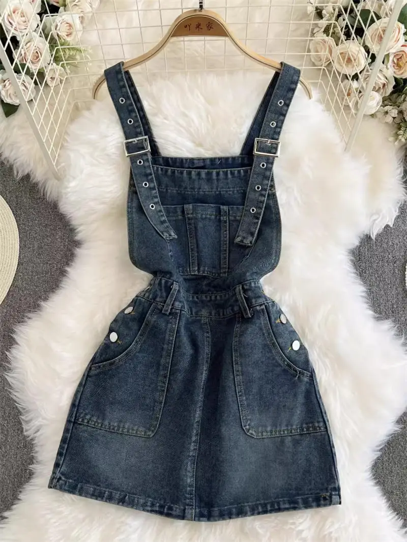 Retro Shoulder Strap Short Denim Dress For Women 2024 Summer New Slimming Effect A-Line Mini Jeans Dress Y2K Vestidos K1853