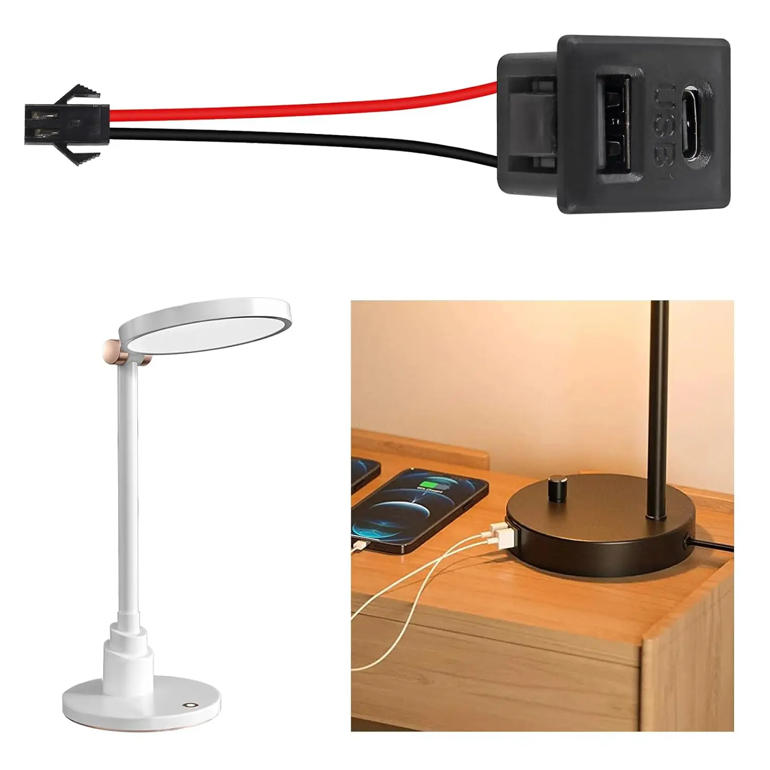 1個 ブラック 二層式 USB Type-C メス ベースソケット & メス USB ランプ 充電ソケット 電源ソケット ケーブルコネクタ付き