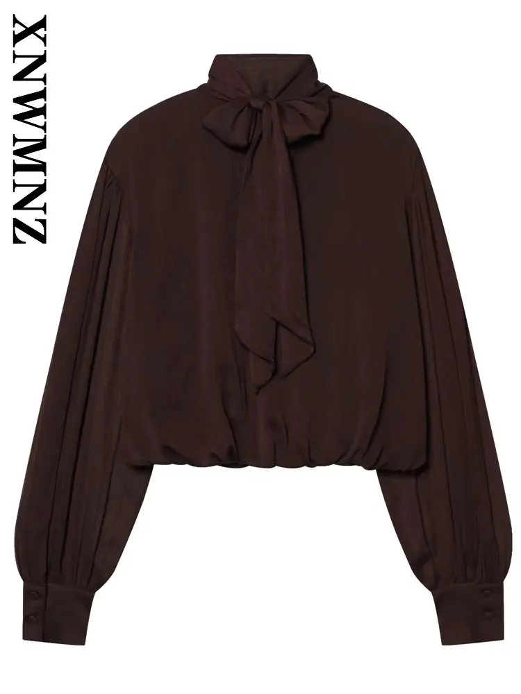 

XNWMNZ 2026 Summer Woman's Vintage Fashion Stand Collar Chiffon Blouse Casual Commuting Spring Woman BROWN Simple Shirt Bowknot