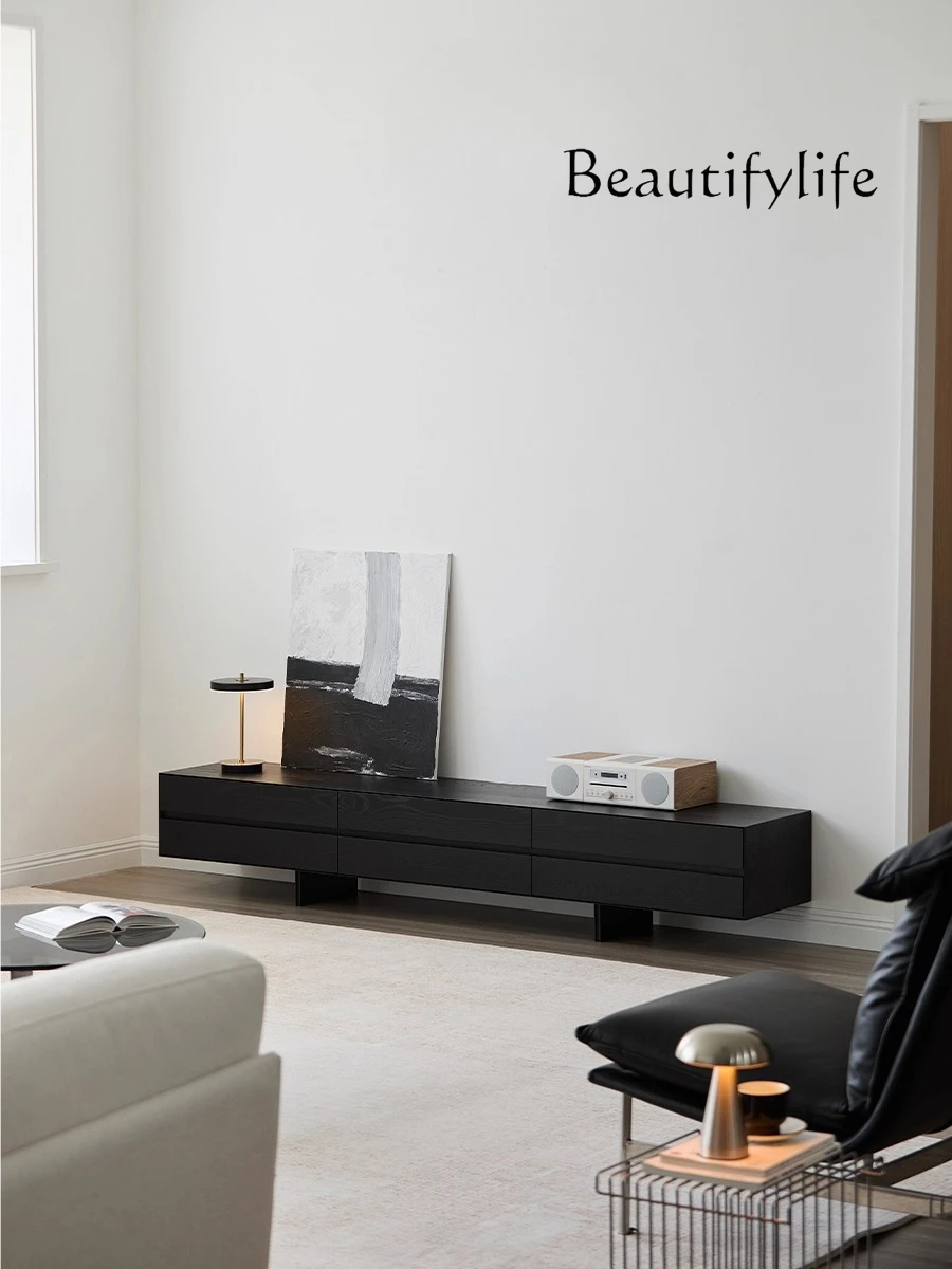 

Modern floor-to-ceiling TV cabinet Storage locker Integrated black ash solid wood TV cabinet