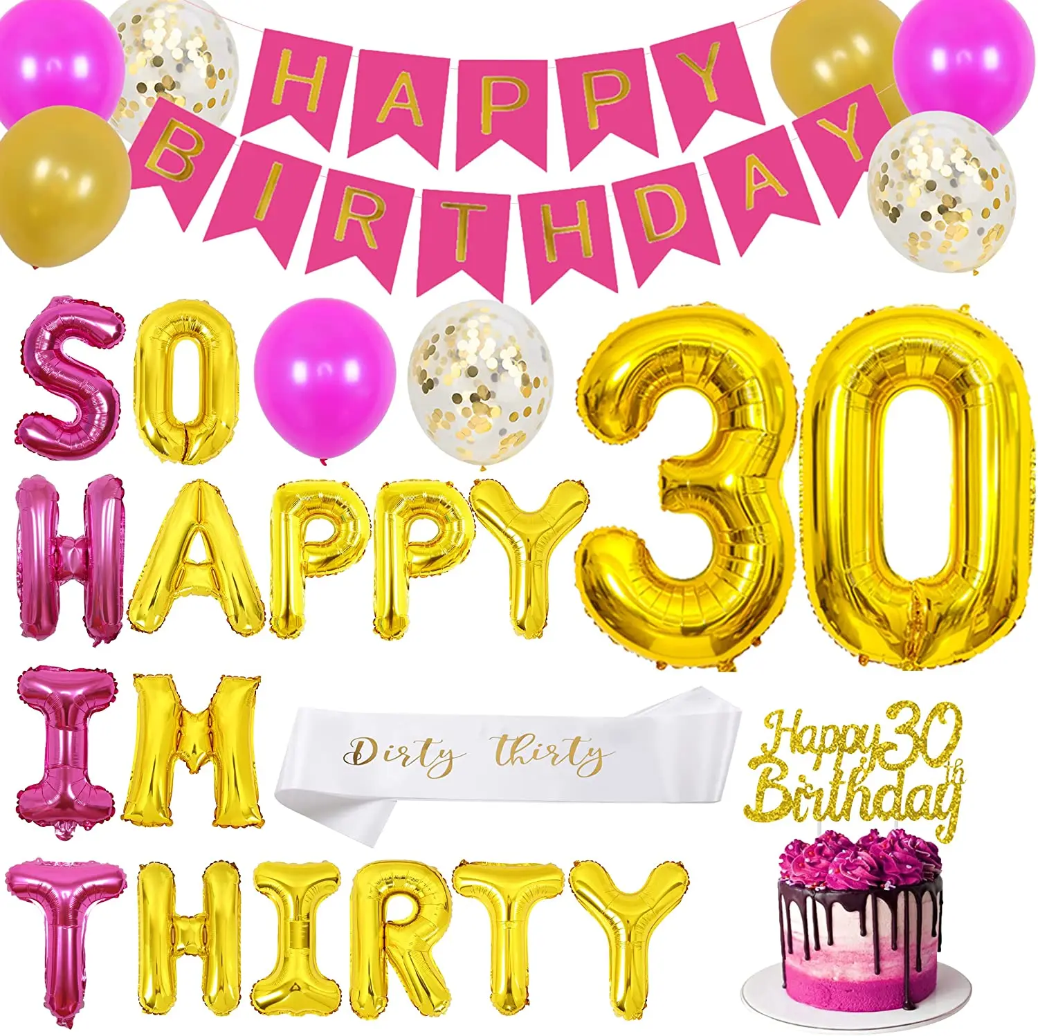 

Cheereveal Hot Pink 30th Birthday Party Decorations for Women So Happy I’m Thirty Number 30 Foil Balloons Sash Cake Topper Kit