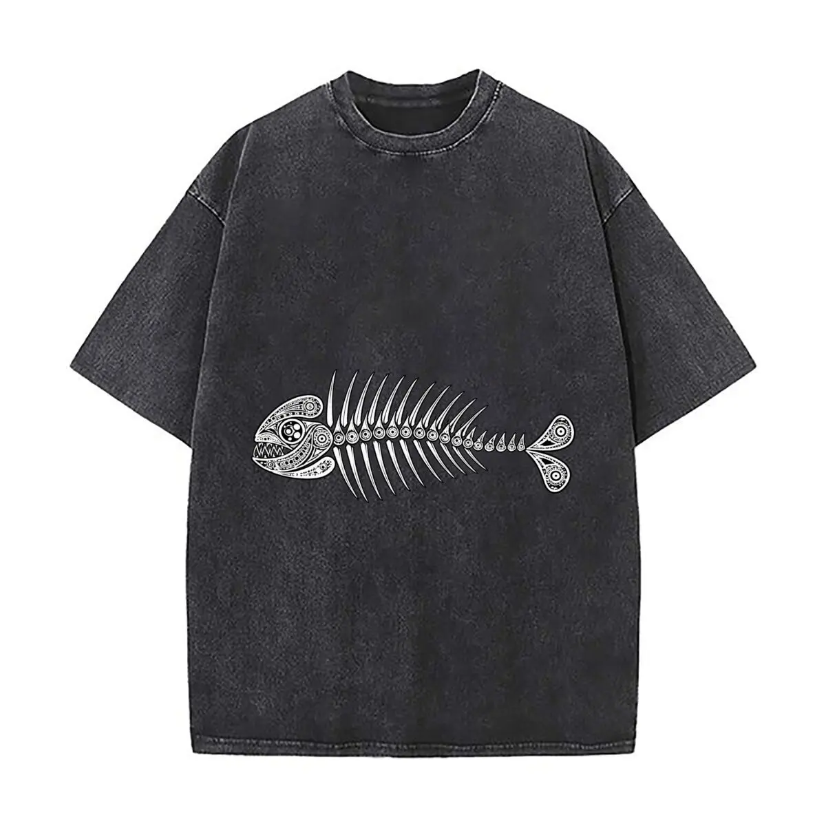 Ornamental Fish Skeleton Marine Bone Graphic Vintage Distressed Loose Streetwear Tops for Campus Days