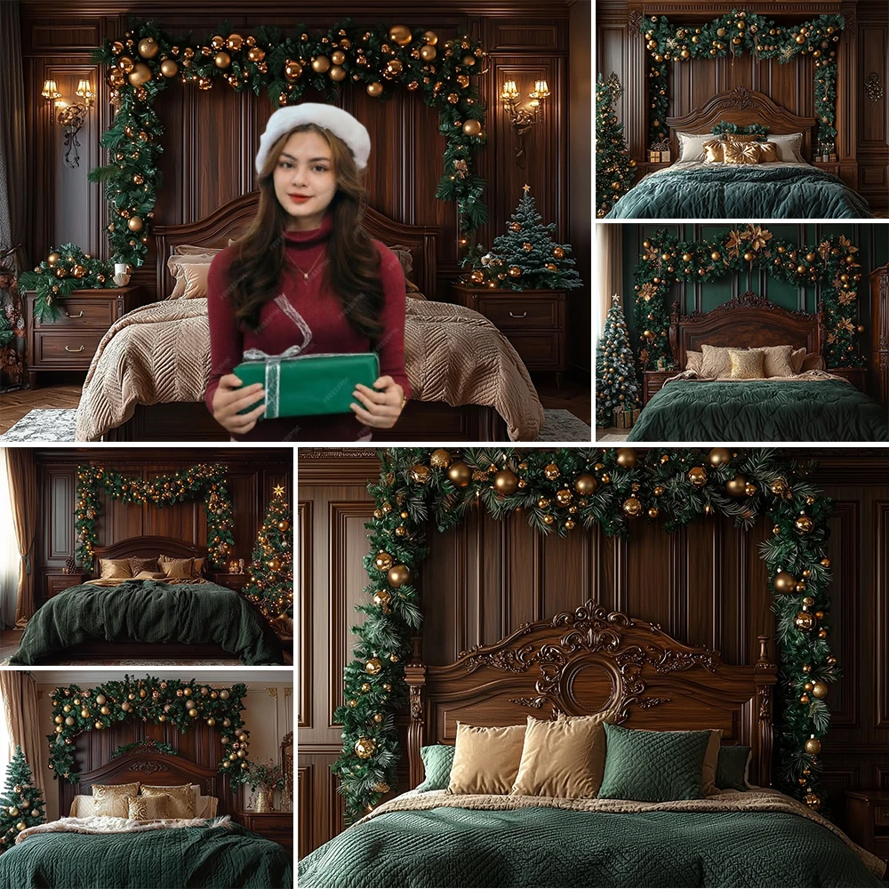 Christmas Room Photography Background Xmas Wreath Bed Decoration Family Portrait Photo Holiday Backdrops Studio Props Banner