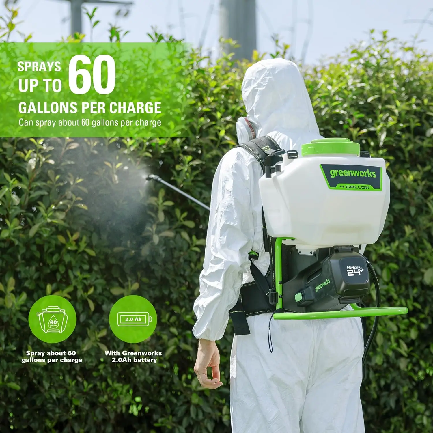 24V Cordless Backpack Sprayer(4 Gallon / 5 Tips / 25 FT Spray)For Weeding Spraying and Cleaning 2.0Ah Battery andChargerIncluded